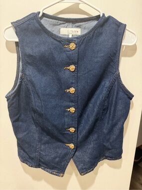 Zara Indigo Denim Sleeveless Jacket with Gold Accents